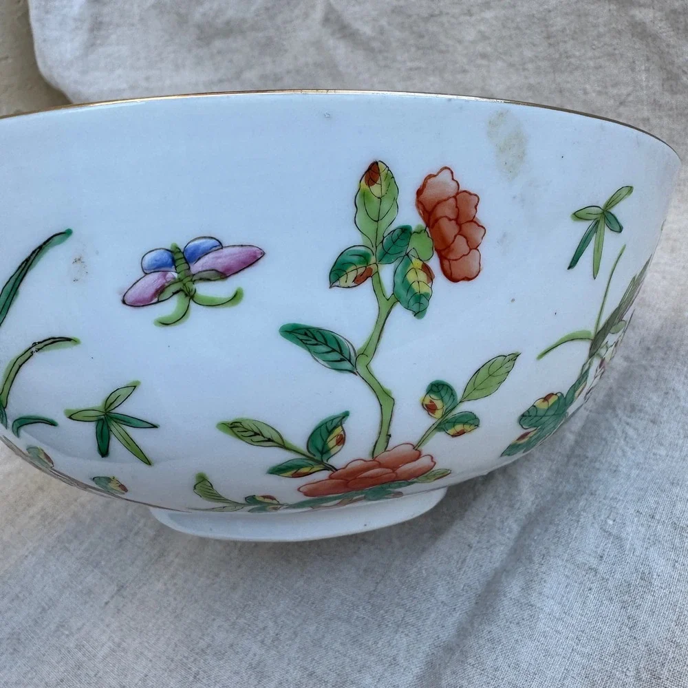 Vintage 70s Hong Kong Porcelain Bowl 60s Famille Rose Grasshopper Floral 9in